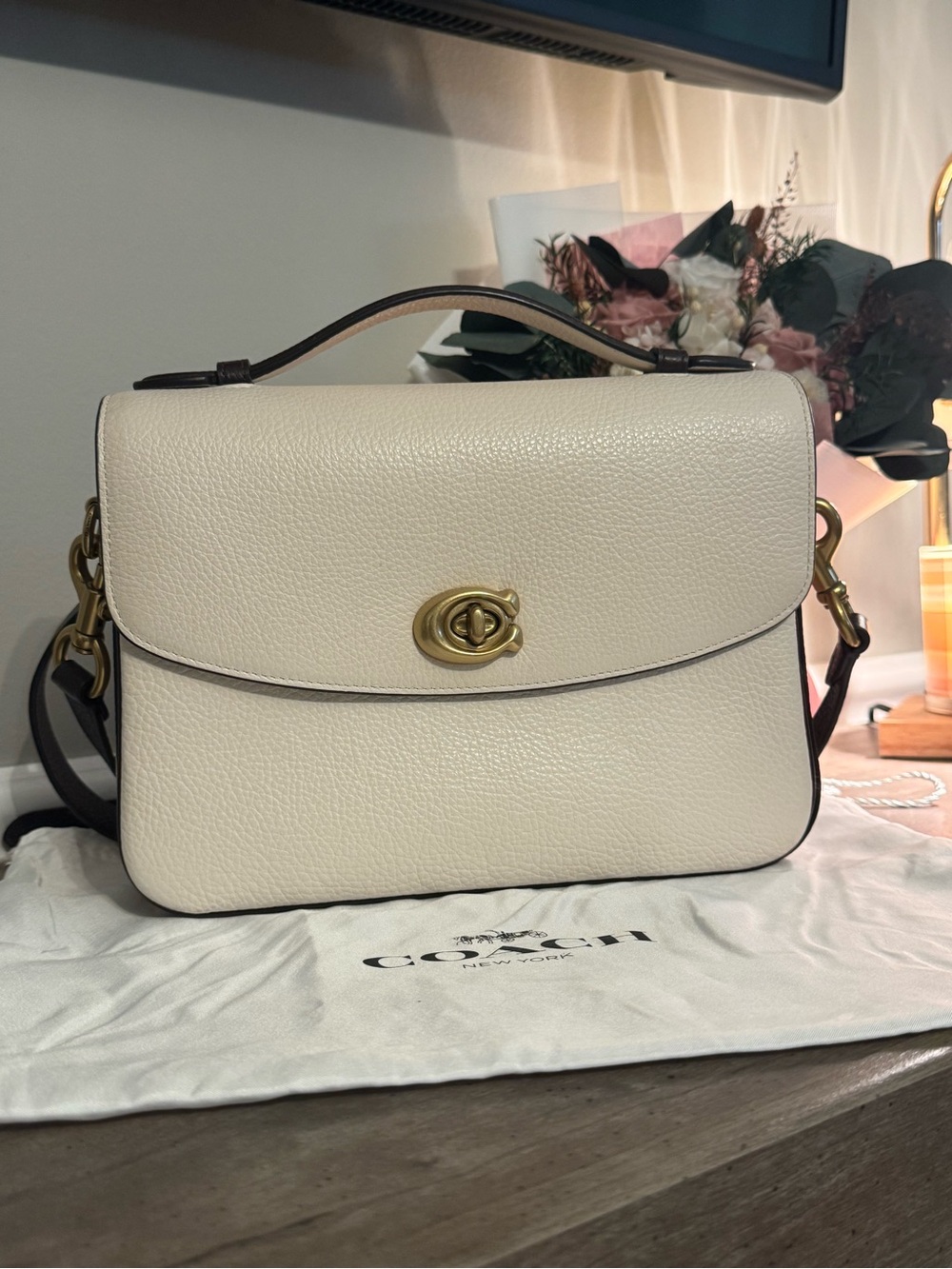 Coach Cream Leather Turnlock Crossbody Satchel with Top Handle